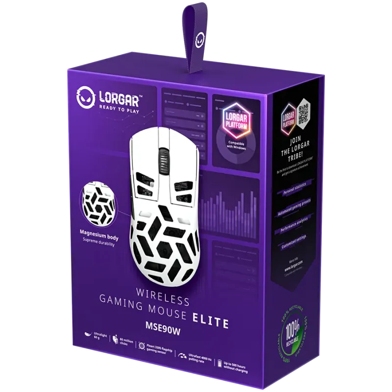 LORGAR MSE90W, Magnesium Alloy Wireless Gaming Mouse Elite, White - 1