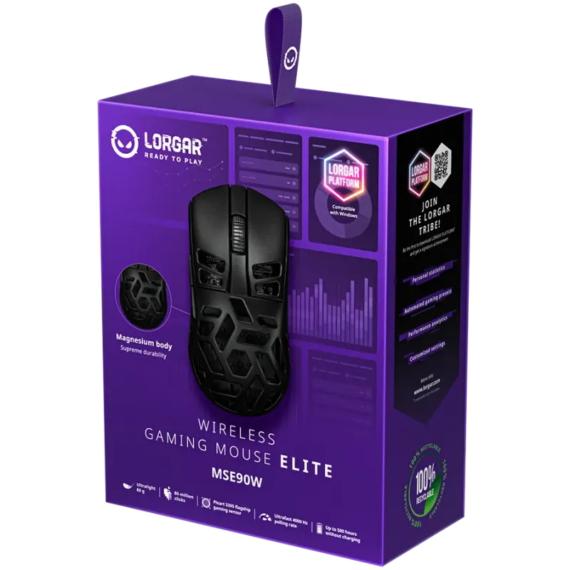 LORGAR MSE90W, Magnesium Alloy Wireless Gaming Mouse Elite, Black - 1