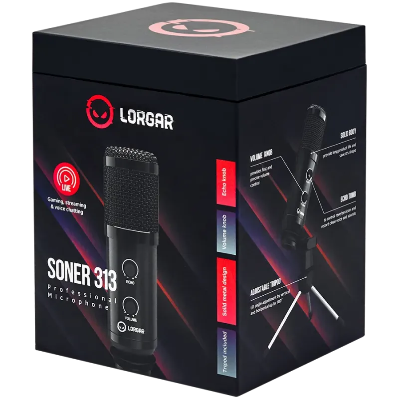 LORGAR Soner 313, Gaming Microphones, Black, USB condenser microphone with Volume Knob & Echo Kob, including 1x Microphone, 1 x 