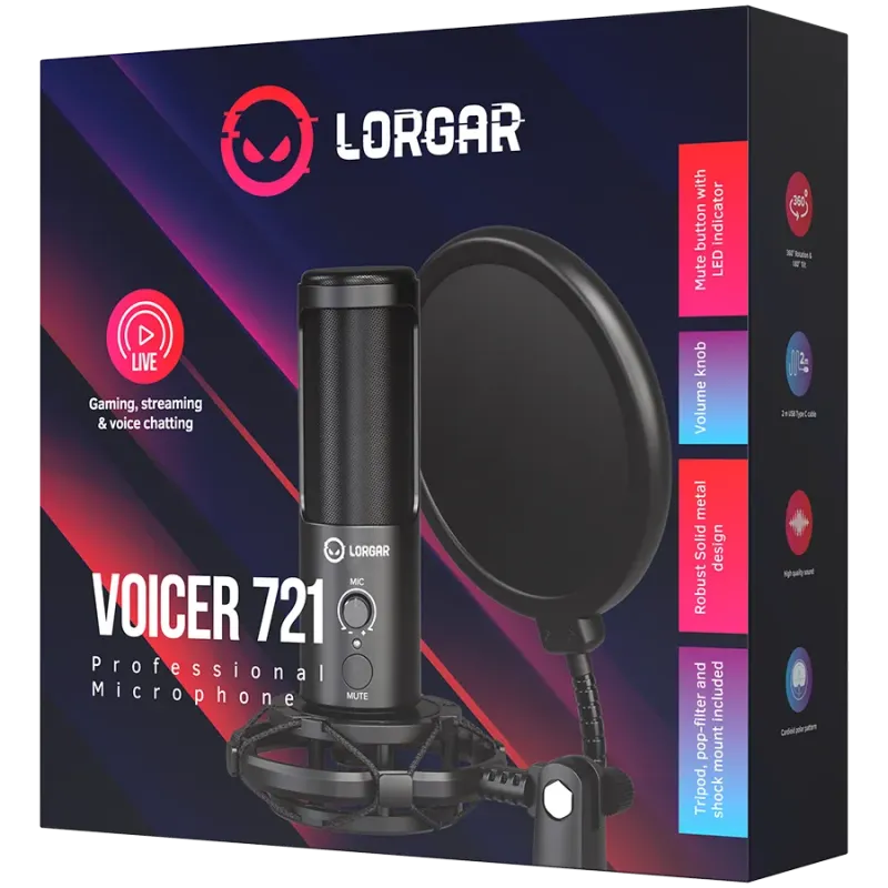 LORGAR Voicer 721, Gaming Microphone, Black, USB condenser microphone with tripod stand, pop filter, including 1 microphone, 1 H