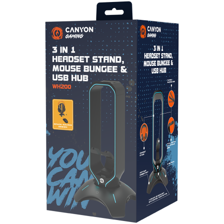 CANYON WH-200, Gaming 3 in 1 Headset stand, Bungee and USB 2.0 hub, 2 USB hub, 1.5m standard USB to USB 5mm PVC cable, Weighted 