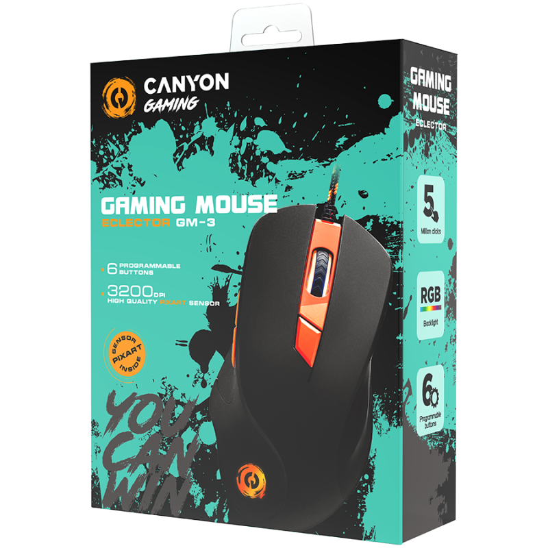 CANYON Eclector GM-3 Wired Gaming Mouse with 6 programmable buttons, Pixart optical sensor, 4 levels of DPI and up to 3200, 5 mi