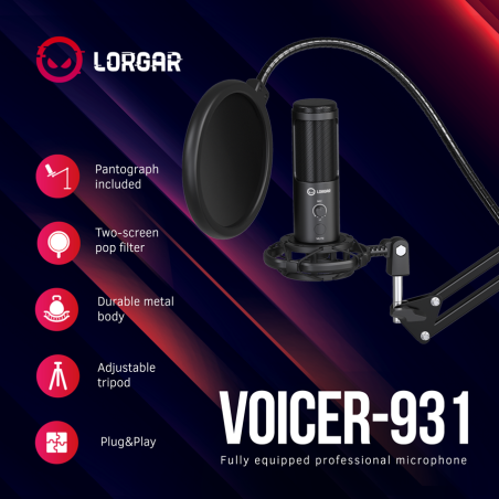 LORGAR Voicer 931, Gaming Microphone, Black, USB condenser microphone with boom arm stand, pop filter, tripod stand. including 1
