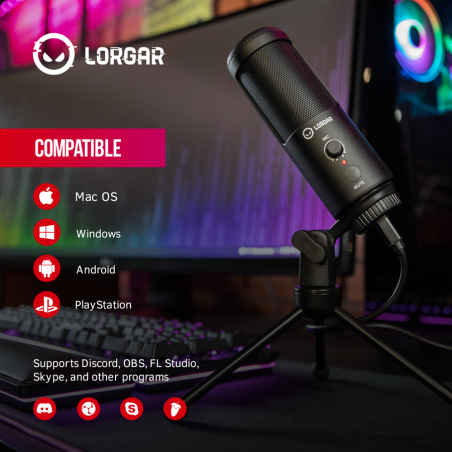 LORGAR Voicer 521, Gaming Microphone, Black, USB condenser mic with Volume Knob, 3.5MM headphonejack, mute button and led indica