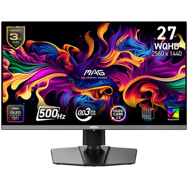 MSI MAG 272QP QD-OLED X50 Gaming Monitor, 26.5" 500Hz, WQHD (2560x1440) 16:9, QD-OLED, 0.03ms, 300nits, 1500000:1, 178/178, AMD 