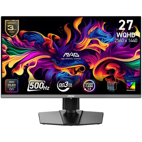 MSI MAG 272QP QD-OLED X50 Gaming Monitor, 26.5" 500Hz, WQHD (2560x1440) 16:9, QD-OLED, 0.03ms, 300nits, 1500000:1, 178/178, AMD 