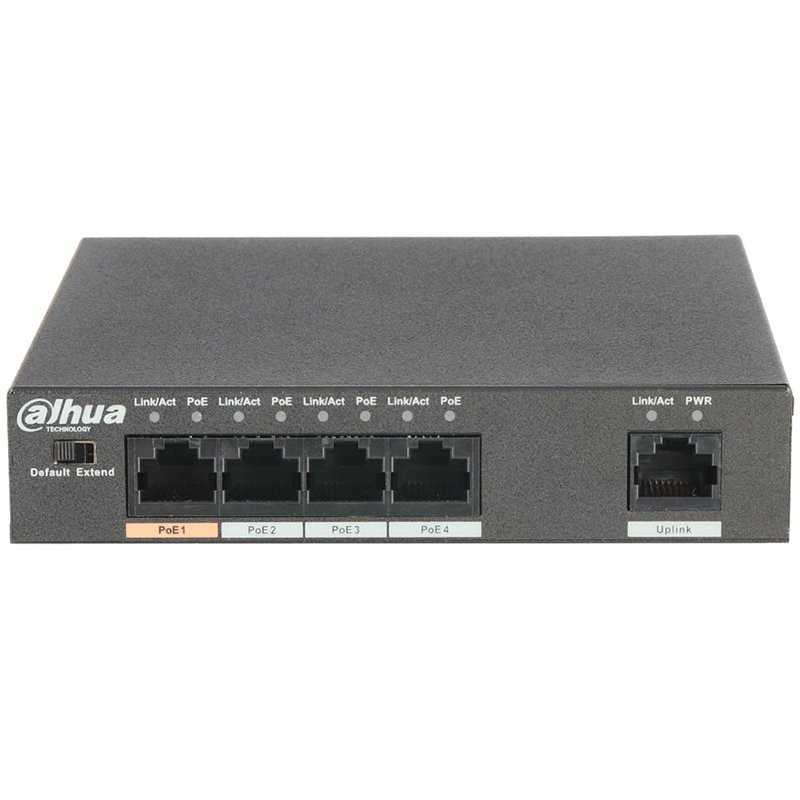 4-Port PoE Switch 10/100 Mbps (Unmanaged), 1 Uplink port, transmission distance of power and data up to 250m (extended mode). - 