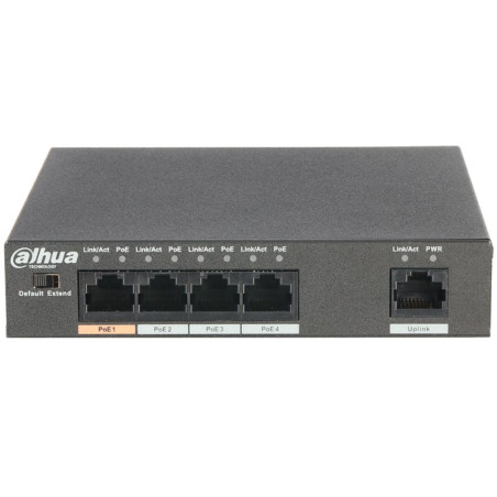 4-Port PoE Switch 10/100 Mbps (Unmanaged), 1 Uplink port, transmission distance of power and data up to 250m (extended mode). - 