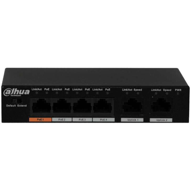 4-Port PoE Switch 10/100 Mbps (Unmanaged), 2 Uplink port, Port1≤60W, Port2-4≤30W, Total≤60W, transmission distance of power and 
