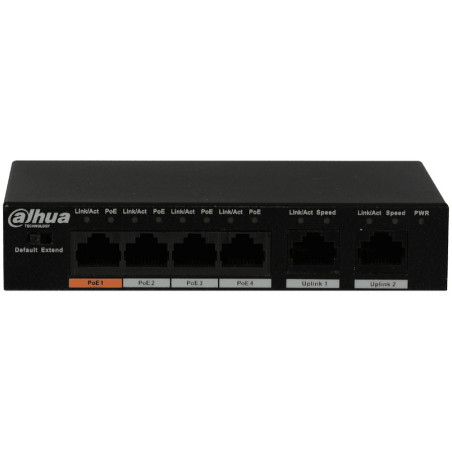 4-Port PoE Switch 10/100 Mbps (Unmanaged), 2 Uplink port, Port1≤60W, Port2-4≤30W, Total≤60W, transmission distance of power and 
