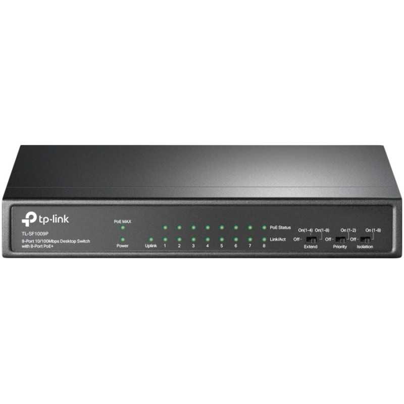 9-port 10/100Mbps unmanaged switch with 8 PoE+ ports, compliant with 802.3af/at PoE, 65W PoE budget, support 250m Extend Mode, P