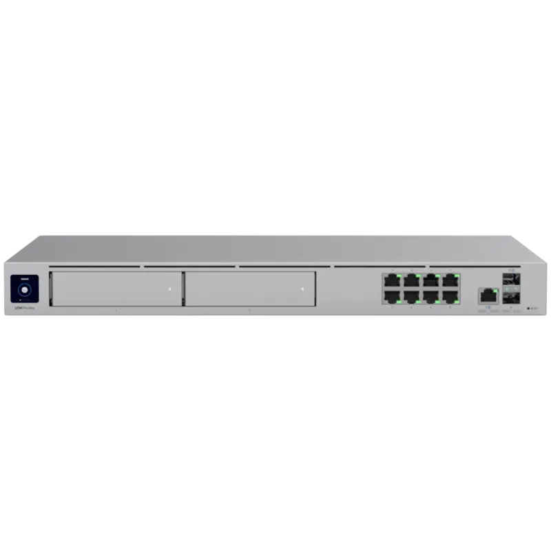 Ubiquiti rack-mount Cloud Gateway with 10 Gbps performance, multi-WAN load balancing, and two NVR drive bays designed for large-
