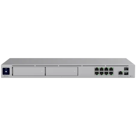 Ubiquiti rack-mount Cloud Gateway with 10 Gbps performance, multi-WAN load balancing, and two NVR drive bays designed for large-
