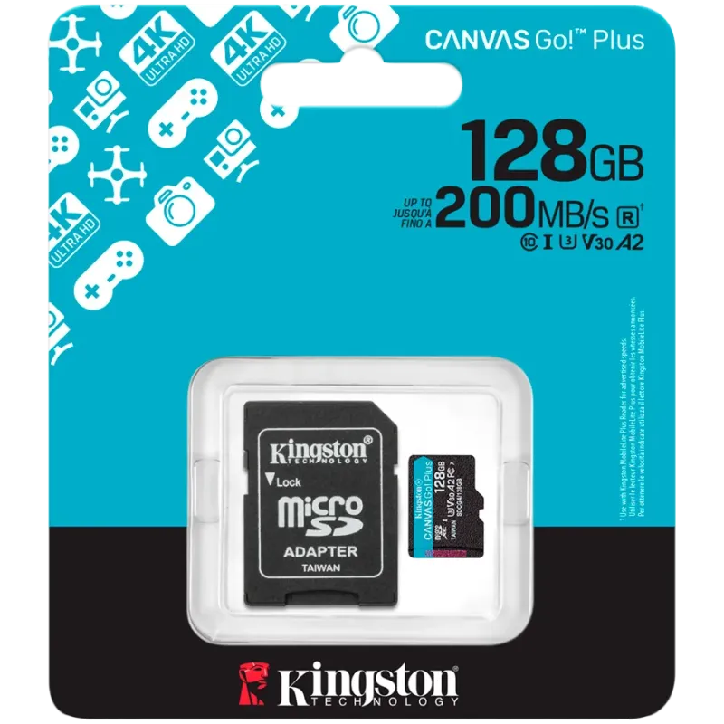 Kingston 128GB microSDXC Canvas Go Plus Gen4 200MB/s A2 U3 V30 Card + Adapter - 1