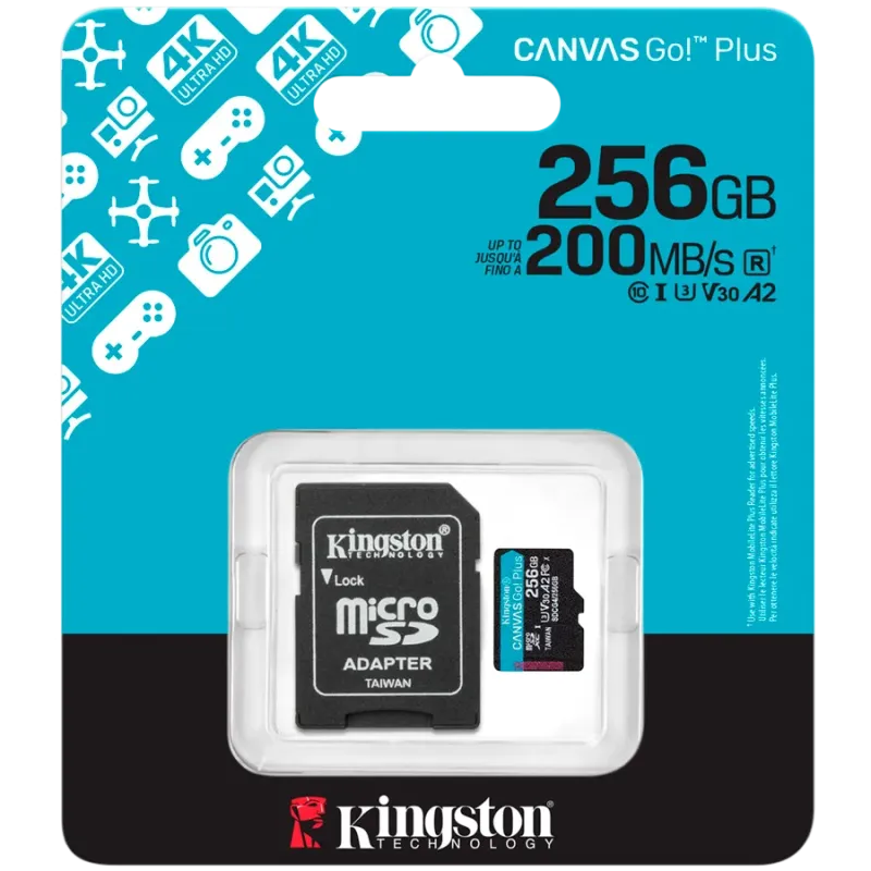 Kingston 256GB microSDXC Canvas Go Plus Gen4 200MB/s A2 U3 V30 Card + Adapter - 1