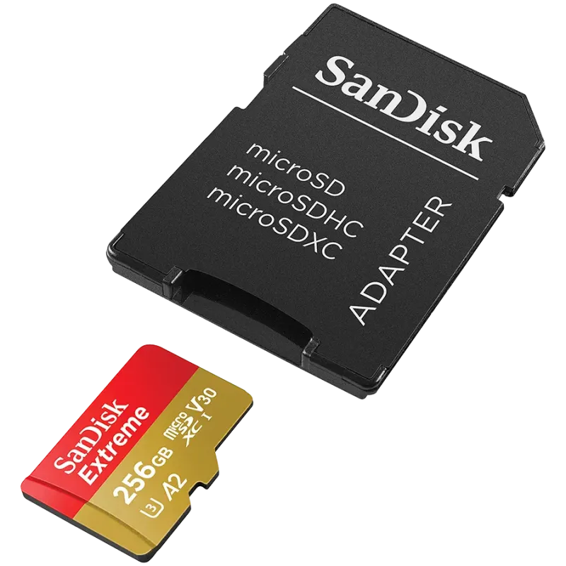 SANDISK Extreme microSDXC 256GB + SD Adapter + 1 year RescuePRO Deluxe up to 190MB/s & 130MB/s Read/Write speeds A2 C10 V30 UHS-