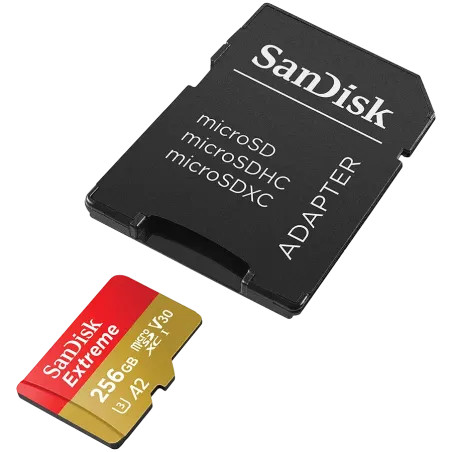 SANDISK Extreme microSDXC 256GB + SD Adapter + 1 year RescuePRO Deluxe up to 190MB/s & 130MB/s Read/Write speeds A2 C10 V30 UHS-