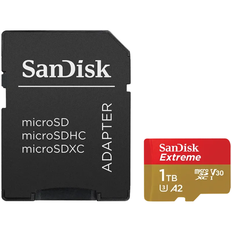 SANDISK Extreme microSDXC 1TB + SD Adapter + 1 year RescuePRO Deluxe up to 190MB/s & 130MB/s Read/Write speeds A2 C10 V30 UHS-I 