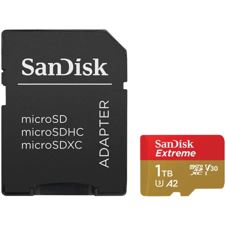 SANDISK Extreme microSDXC 1TB + SD Adapter + 1 year RescuePRO Deluxe up to 190MB/s & 130MB/s Read/Write speeds A2 C10 V30 UHS-I 