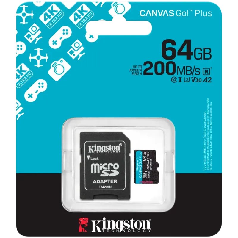 Kingston 64GB microSDXC Canvas Go Plus Gen4 200MB/s A2 U3 V30 Card + Adapter - 1