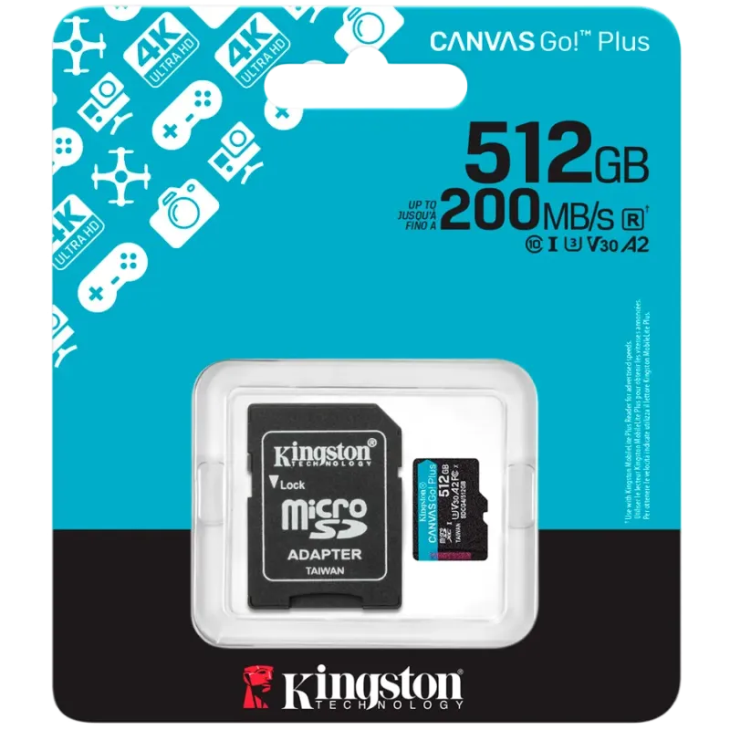 Kingston 512GB microSDXC Canvas Go Plus Gen4 200MB/s A2 U3 V30 Card + Adapter - 1