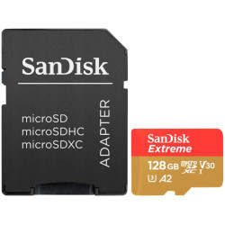 SANDISK Extreme microSDXC 128GB + SD Adapter + 1 year RescuePRO Deluxe up to 190MB/s & 90MB/s Read/Write speeds A2 C10 V30 UHS-I