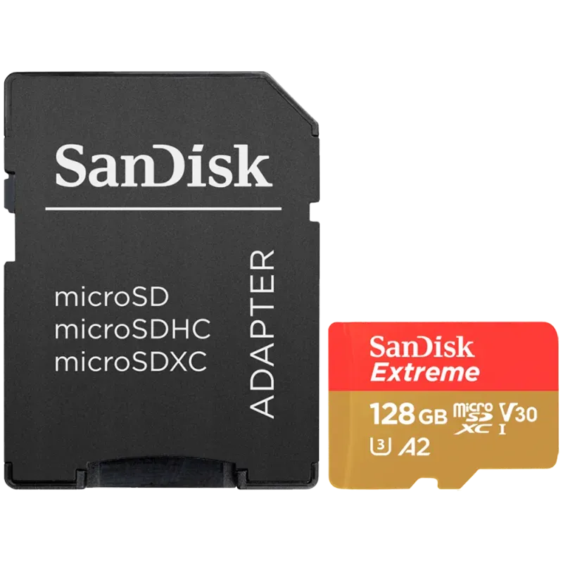 SANDISK Extreme microSDXC 128GB + SD Adapter + 1 year RescuePRO Deluxe up to 190MB/s & 90MB/s Read/Write speeds A2 C10 V30 UHS-I