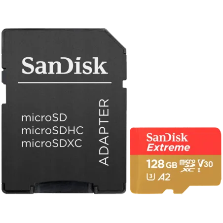 SANDISK Extreme microSDXC 128GB + SD Adapter + 1 year RescuePRO Deluxe up to 190MB/s & 90MB/s Read/Write speeds A2 C10 V30 UHS-I