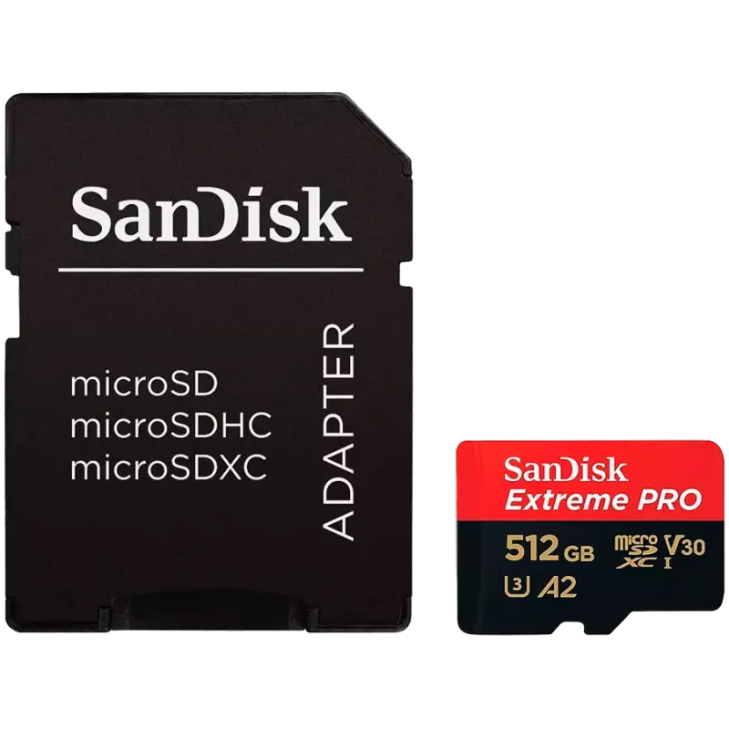 SANDISK Extreme PRO microSDXC 512GB + SD Adapter + 2 years RescuePRO Deluxe up to 200MB/s & 140MB/s Read/Write speeds A2 C10 V30