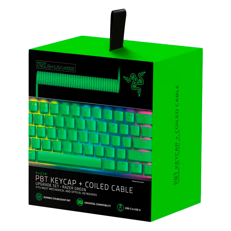 Razer PBT Keycap + Coiled Cable Upgrade Set - Razer Green, Durable Doubleshot PBT, Keycap Count: 120, Standard bottom row US and