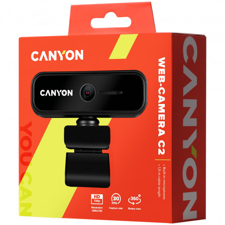 CANYON C2 720P HD 1.0Mega fixed focus webcam with USB2.0. connector, 360° rotary view scope, 1.0Mega pixels, built in MIC, Resol