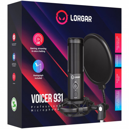 LORGAR Gaming Microphones, Black, USB condenser microphone with boom arm stand, pop filter, tripod stand. including 1* microphon