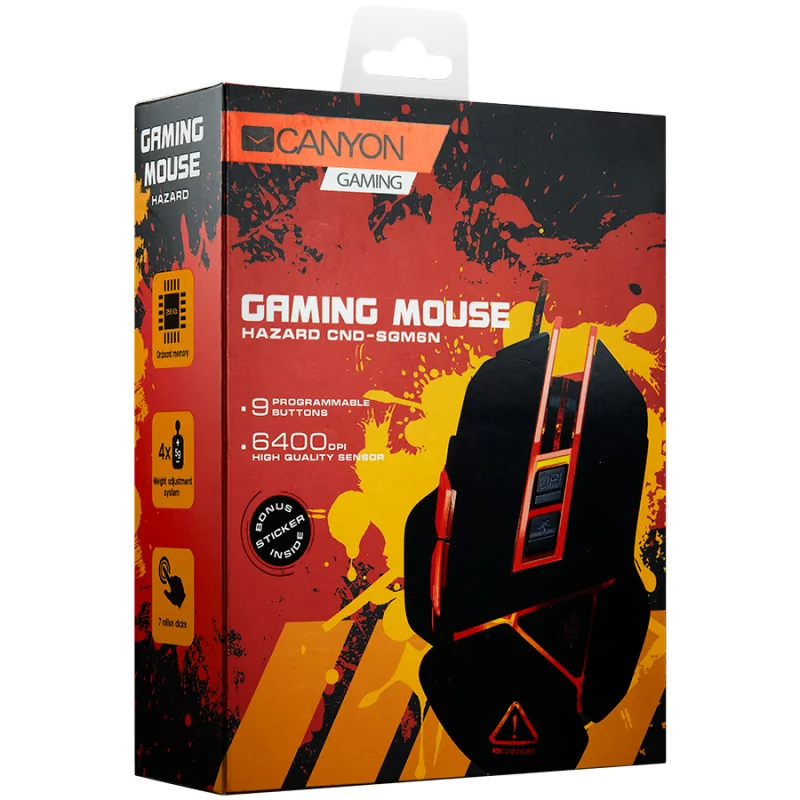 CANYON Optical gaming mouse, adjustable DPI setting 800/1000/1200/1600/2400/3200/4800/6400, LED backlight, moveable weight slot 