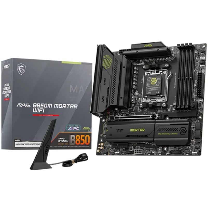 MSI B850M MORTAR WIFI, mATX, Socket AM5, 4x DDR5 Dual Channel DDR5 up to 8200(OC)MHz, 1x PCIe x16 slot, 3x M.2 slot, 4x USB 5Gbp