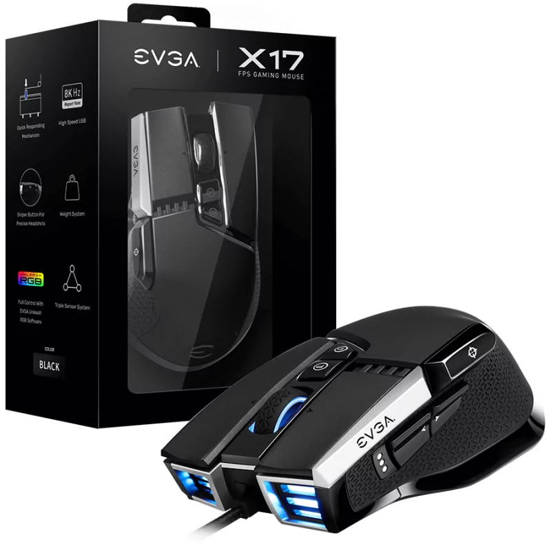 EVGA X17 Gaming Mouse, Wired, Black, Customizable, PIXART 3389 Optical Sensor - 16 000 DPI, 5 Profiles, 10 Buttons, Ergonomic - 