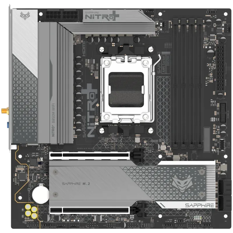 SAPPHIRE AMD B850M AM5 NITRO+ Ryzen R9/R7/R5, 4x DDR5 8000MHz, PCIE 5.0 x 16, 1x M.2 Gen5, 1x M.2 Gen4, LAN 2.5 Gbps, WIFI6, USB