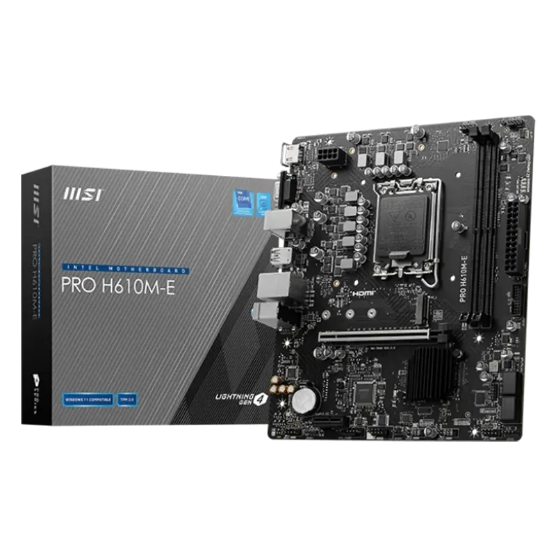 MSI PRO H610M-E, mATX, LGA 1700, Dual Channel DDR5 5600+MHz, 1x PCIe x16 slot, 1x M.2 slot, 1x HDMI, 1x VGA, 2x USB 3.2 Gen 1, 4