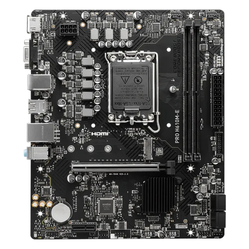 MSI PRO H610M-E, mATX, LGA 1700, Dual Channel DDR5 5600+MHz, 1x PCIe x16 slot, 1x M.2 slot, 1x HDMI, 1x VGA, 2x USB 3.2 Gen 1, 4