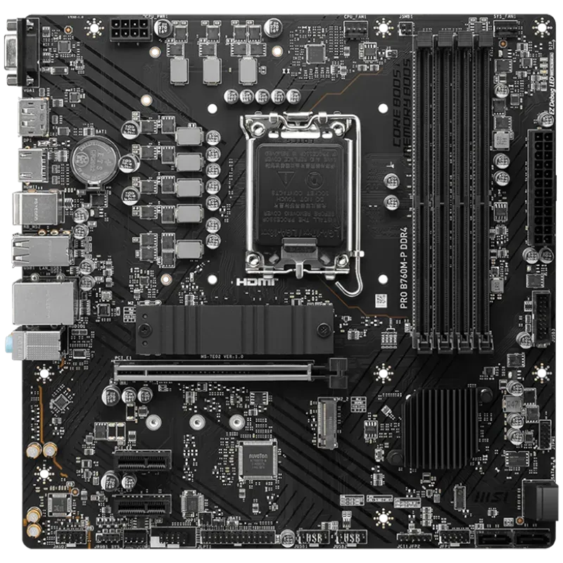 MSI PRO B760M-P DDR4, mATX, Socket 1700, Dual Channel DDR4 4800(OC)MHz, 1x PCIe x16 slots, 2x M.2 slots, 1x HDMI, 1x DP, 1x VGA,