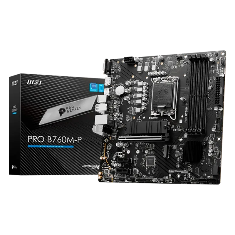 MSI PRO B760M-P, mATX, LGA 1700, Dual Channel DDR5 6800, 1x PCIe x16 slots, 2x M.2 slots, 1x HDMI, 1x DP, 1x VGA, 1x USB 3.2 Gen