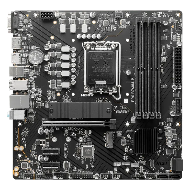 MSI PRO B760M-P, mATX, LGA 1700, Dual Channel DDR5 6800, 1x PCIe x16 slots, 2x M.2 slots, 1x HDMI, 1x DP, 1x VGA, 1x USB 3.2 Gen