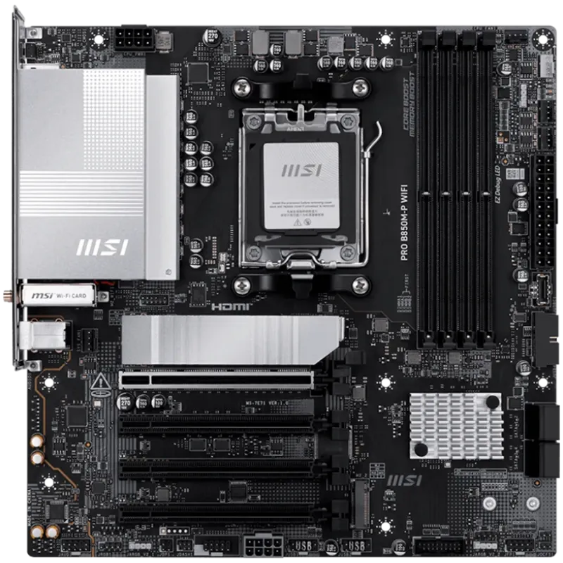 MSI PRO B850M-P WIFI, mATX, Socket AM5, 4x DDR5 Dual Channel DDR5 up to 8200(OC)MHz, 4x PCIe x16 slot, 3x M.2 slot, 4x USB 2.0, 