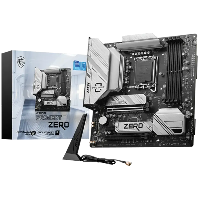 MSI B760M PROJECT ZERO, mATX, Socket LGA 1700, Dual Channel DDR5 7800+(OC)MHz, 2x PCIe x16 slots, 2x M.2 slots, 1x HDMI, 1x DP, 