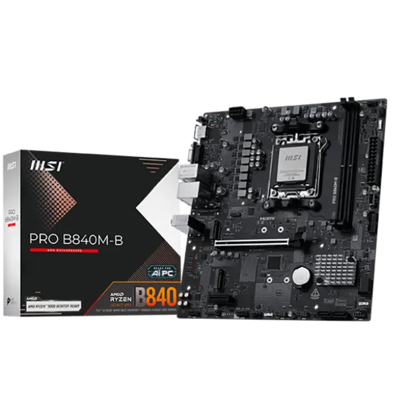MSI PRO B840M-B, mATX, Socket AM5, 2x DDR5 Dual Channel DDR5 up to 8000(OC)MHz, 1x PCIe x16 slot, 2x M.2 slot, 2x USB 2.0, 4x US