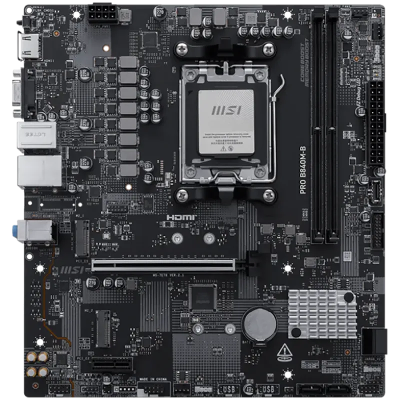 MSI PRO B840M-B, mATX, Socket AM5, 2x DDR5 Dual Channel DDR5 up to 8000(OC)MHz, 1x PCIe x16 slot, 2x M.2 slot, 2x USB 2.0, 4x US