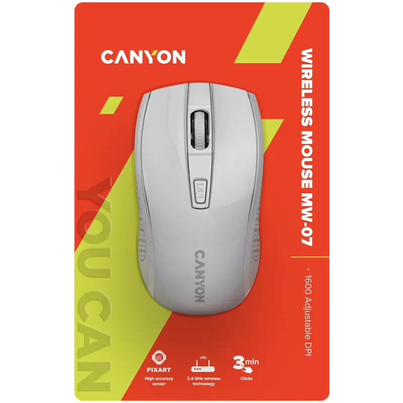 CANYON MW-7, 2.4Ghz wireless mouse, 6 buttons, DPI 800/1200/1600, with 1 AA battery ,size 110*60*37mm,58g,white - 1