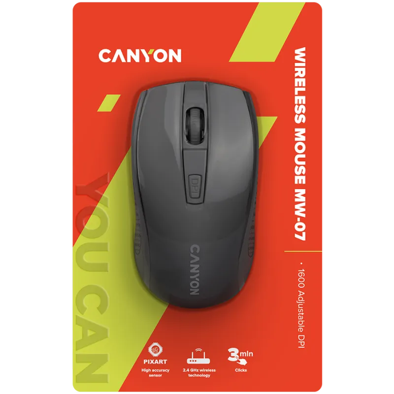 CANYON MW-7, 2.4Ghz wireless mouse, 6 buttons, DPI 800/1200/1600, with 1 AA battery ,size 110*60*37mm,58g,black - 1