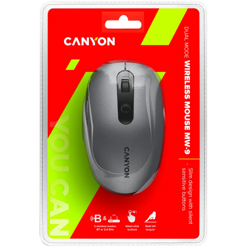 CANYON MW-9, 2 in 1 Wireless optical mouse with 6 buttons, DPI 800/1000/1200/1500, 2 mode(BT/ 2.4GHz), Battery AA*1pcs, Grey, 65