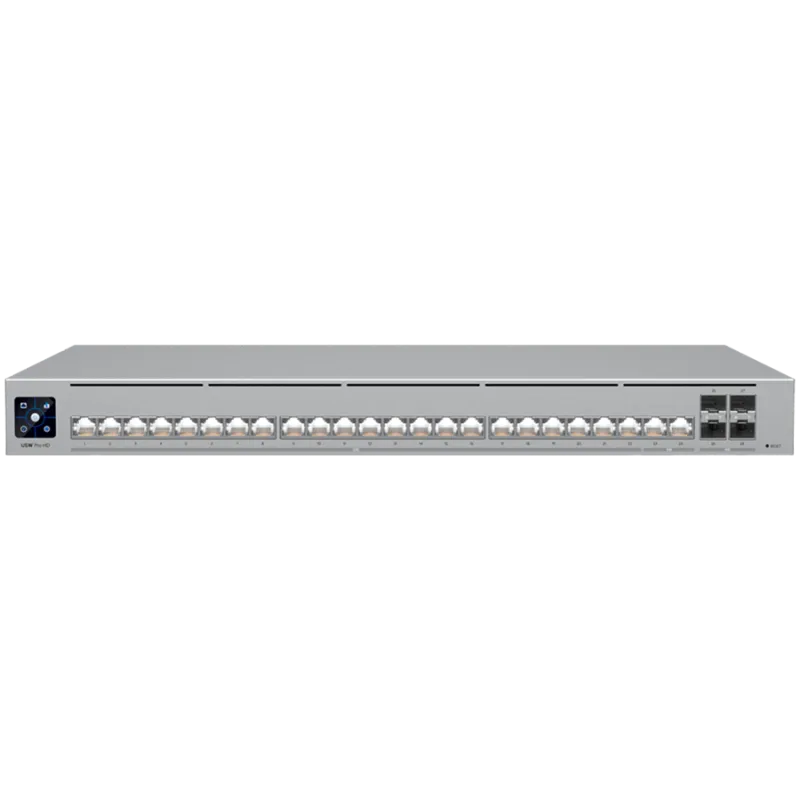 Ubiquiti Layer 3 Etherlighting switch USW-PRO-HD-24-EU, (22) 2.5 GbE, (2) 10 GbE ports, (4) 10G SFP+ ports. DC power backup read