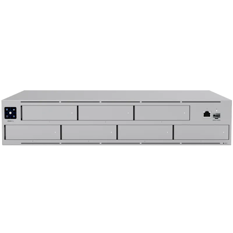 Ubiquiti UNAS-Pro-EU 2U rack-mount NAS with (7) 2.5/3.5" drive bays and 10 Gbps performance designed for large-scale file storag